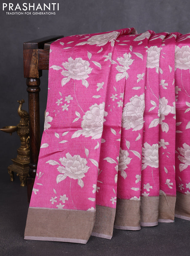 Pure tussar silk saree pink and pastel green with allover prints and zari woven border