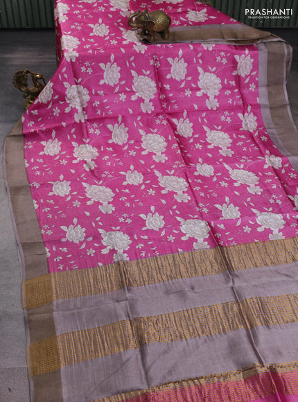 Pure tussar silk saree pink and pastel green with allover prints and zari woven border