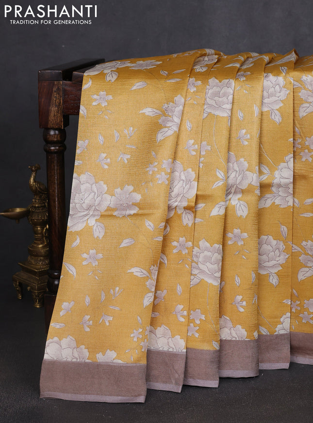 Pure tussar silk saree yellow and brown with allover prints and zari woven border