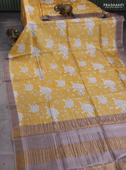 Pure tussar silk saree yellow and brown with allover prints and zari woven border