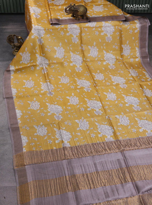 Pure tussar silk saree yellow and brown with allover prints and zari woven border