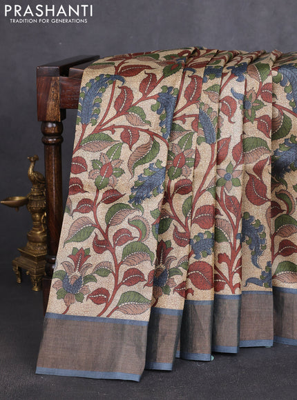 Pure tussar silk saree beige and teal blue with allover prints and zari woven border