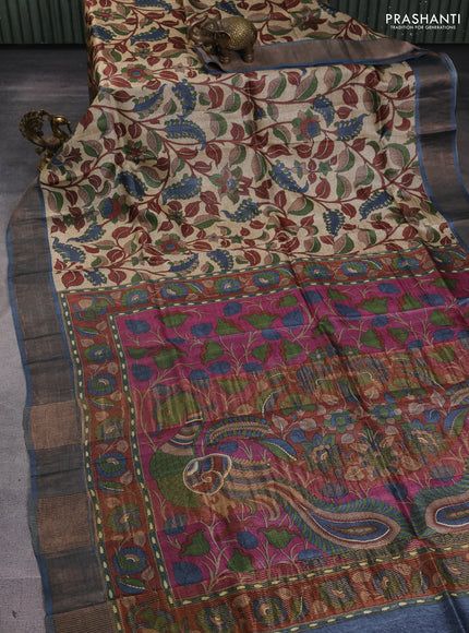 Pure tussar silk saree beige and teal blue with allover prints and zari woven border