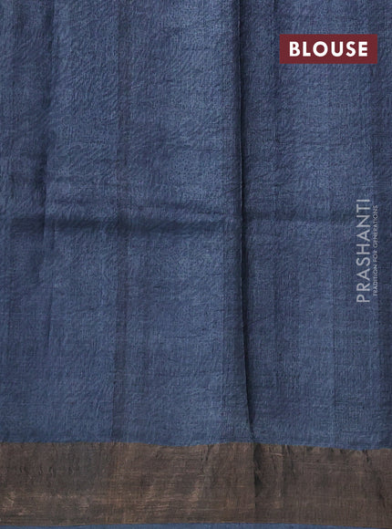 Pure tussar silk saree beige and teal blue with allover prints and zari woven border