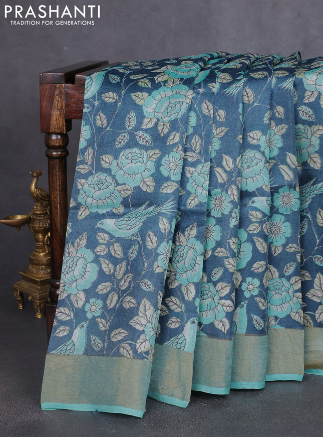 Pure tussar silk saree navy blue and teal blue with allover prints and zari woven border