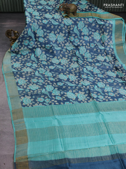 Pure tussar silk saree navy blue and teal blue with allover prints and zari woven border