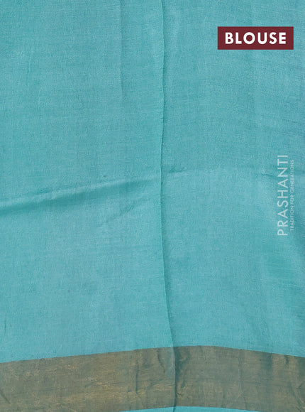 Pure tussar silk saree navy blue and teal blue with allover prints and zari woven border