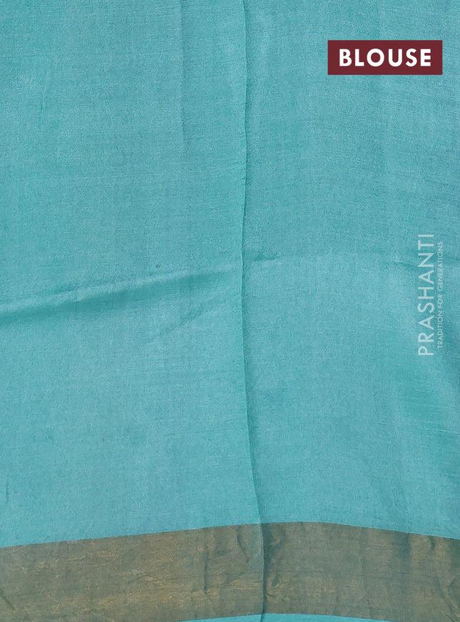Pure tussar silk saree navy blue and teal blue with allover prints and zari woven border