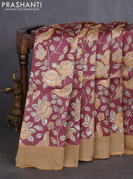 Pure tussar silk saree maroon and yellow with allover prints and zari woven border