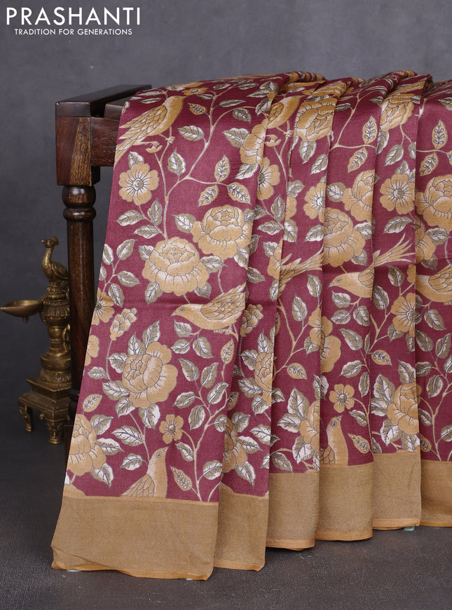 Pure tussar silk saree maroon and yellow with allover prints and zari woven border