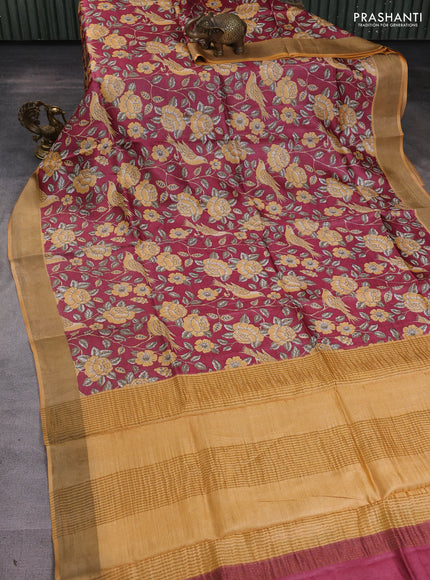 Pure tussar silk saree maroon and yellow with allover prints and zari woven border