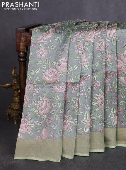 Pure tussar silk saree green with allover prints and zari woven border