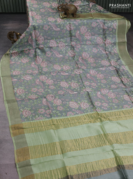 Pure tussar silk saree green with allover prints and zari woven border