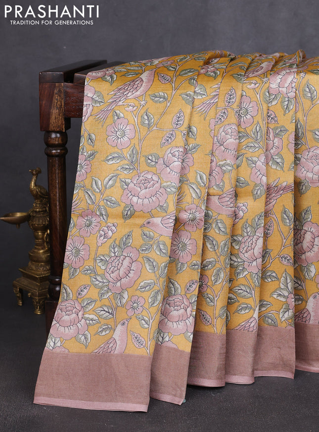 Pure tussar silk saree pale yellow and pastel pink with allover prints and zari woven border