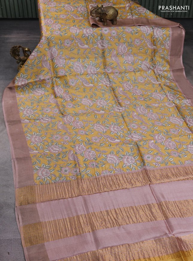 Pure tussar silk saree pale yellow and pastel pink with allover prints and zari woven border