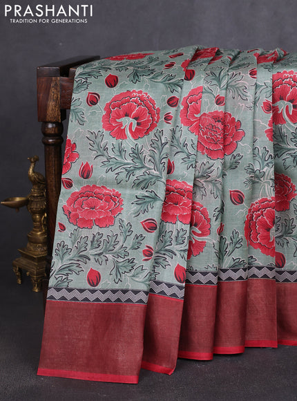 Pure tussar silk saree pastel green and maroon with allover prints and zari woven border