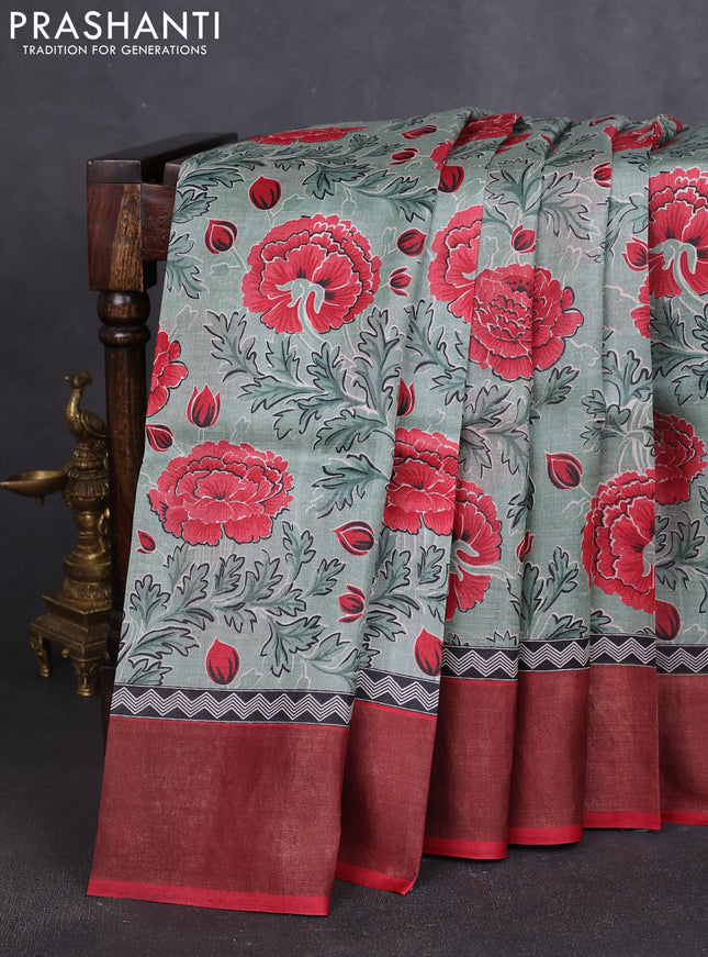 Pure tussar silk saree pastel green and maroon with allover prints and zari woven border