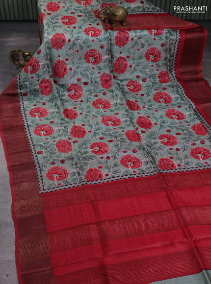 Pure tussar silk saree pastel green and maroon with allover prints and zari woven border