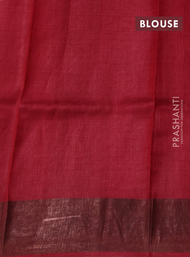 Pure tussar silk saree pastel green and maroon with allover prints and zari woven border