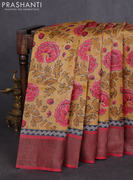 Pure tussar silk saree mustard yellow and maroon with allover prints and zari woven border