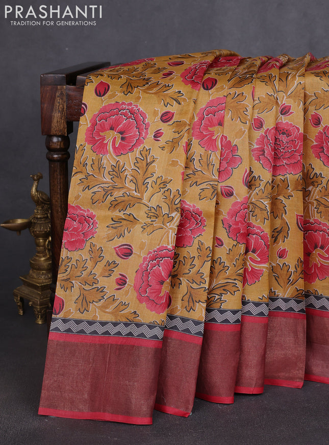 Pure tussar silk saree mustard yellow and maroon with allover prints and zari woven border