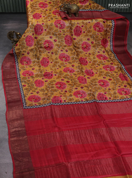 Pure tussar silk saree mustard yellow and maroon with allover prints and zari woven border