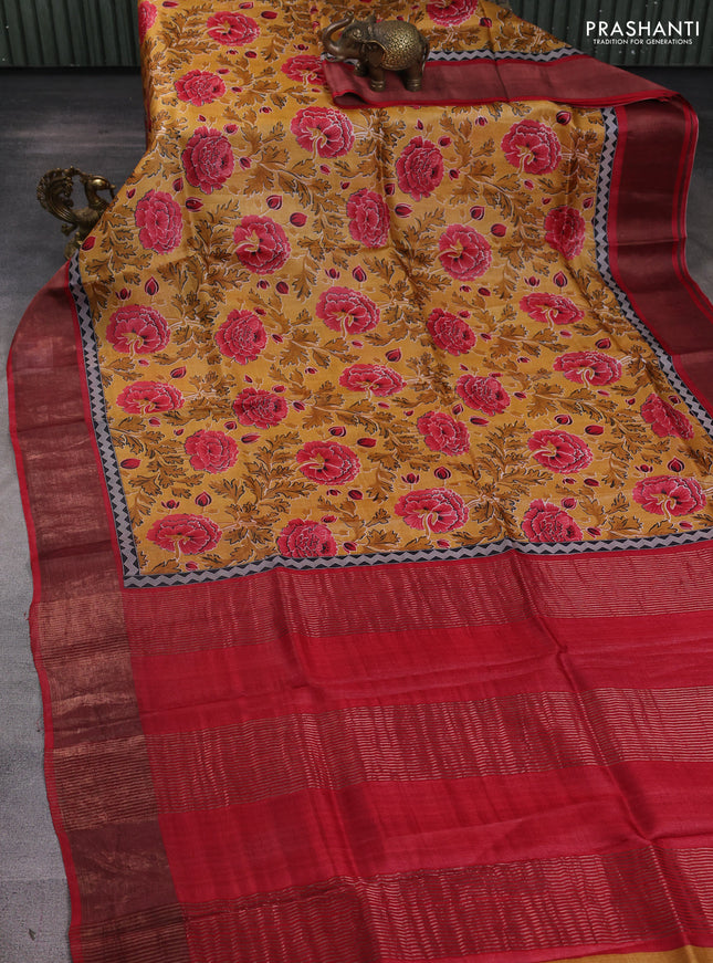 Pure tussar silk saree mustard yellow and maroon with allover prints and zari woven border