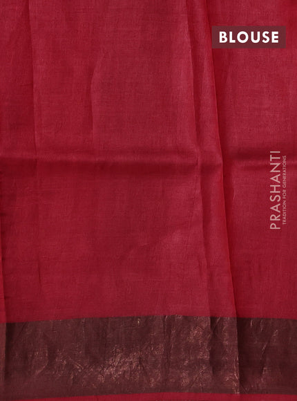 Pure tussar silk saree mustard yellow and maroon with allover prints and zari woven border
