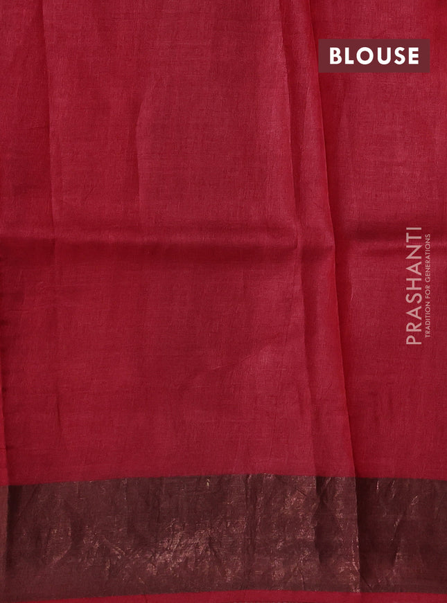 Pure tussar silk saree mustard yellow and maroon with allover prints and zari woven border