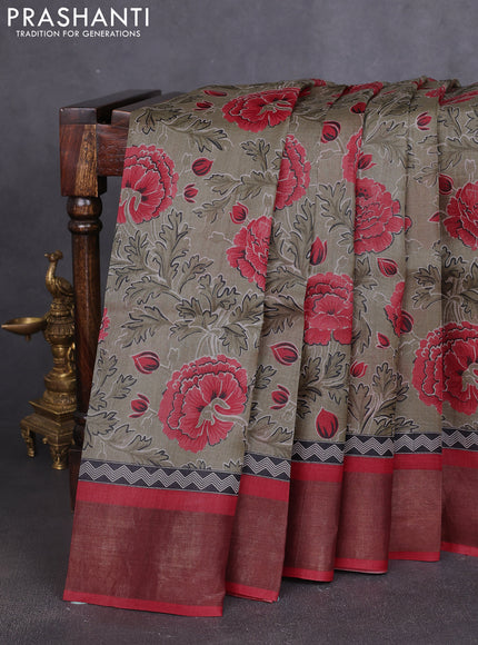 Pure tussar silk saree pastel green and maroon with allover prints and zari woven border