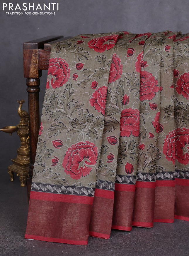 Pure tussar silk saree pastel green and maroon with allover prints and zari woven border
