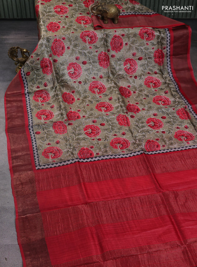Pure tussar silk saree pastel green and maroon with allover prints and zari woven border