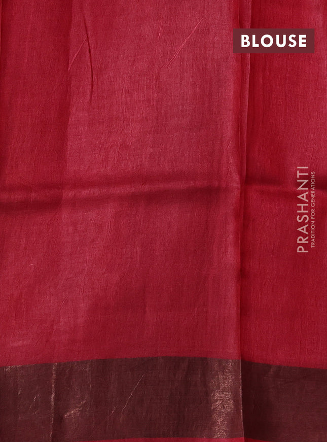 Pure tussar silk saree pastel green and maroon with allover prints and zari woven border