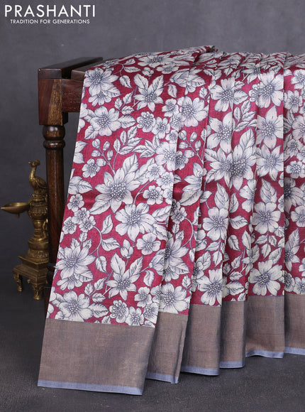 Pure tussar silk saree wine shade and grey with allover prints and zari woven border