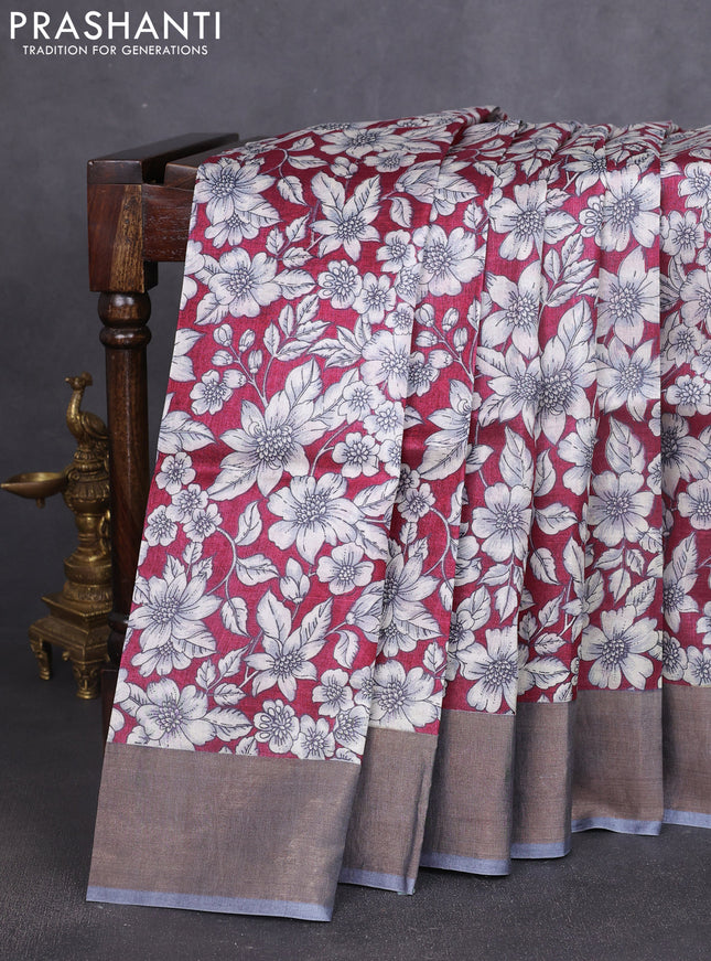 Pure tussar silk saree wine shade and grey with allover prints and zari woven border