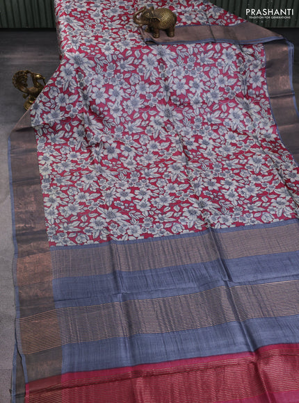 Pure tussar silk saree wine shade and grey with allover prints and zari woven border