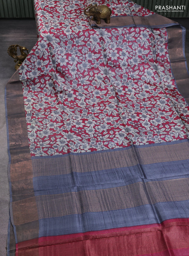 Pure tussar silk saree wine shade and grey with allover prints and zari woven border