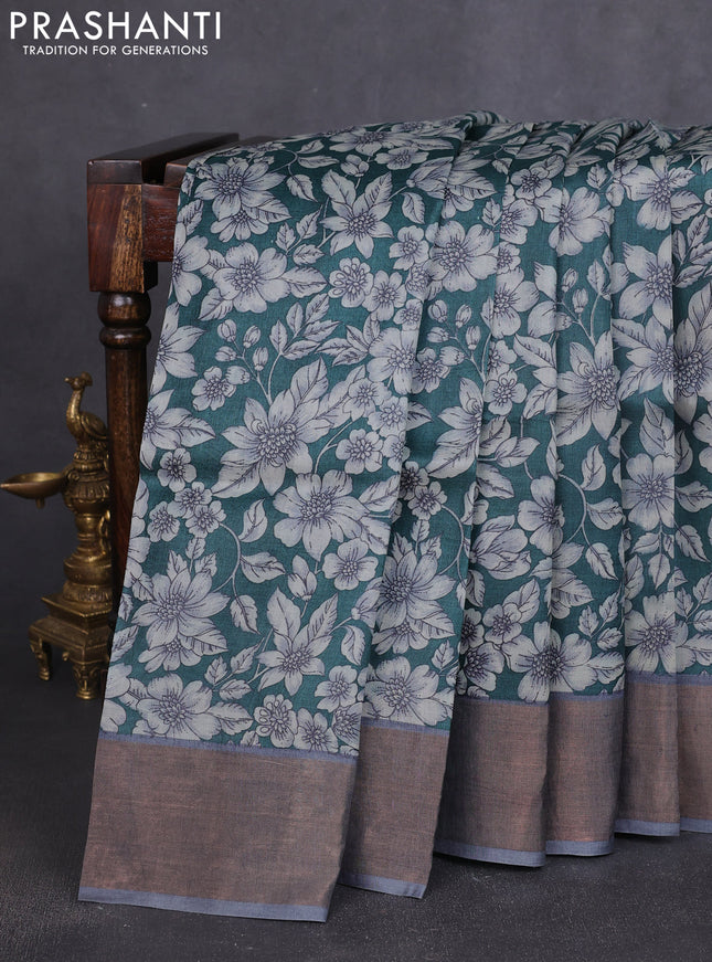 Pure tussar silk saree green and grey with allover prints and zari woven border
