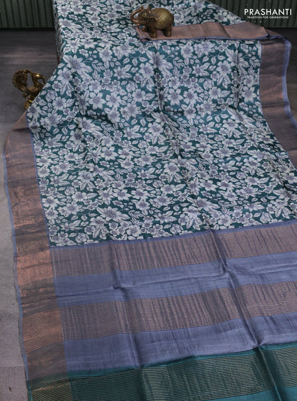 Pure tussar silk saree green and grey with allover prints and zari woven border