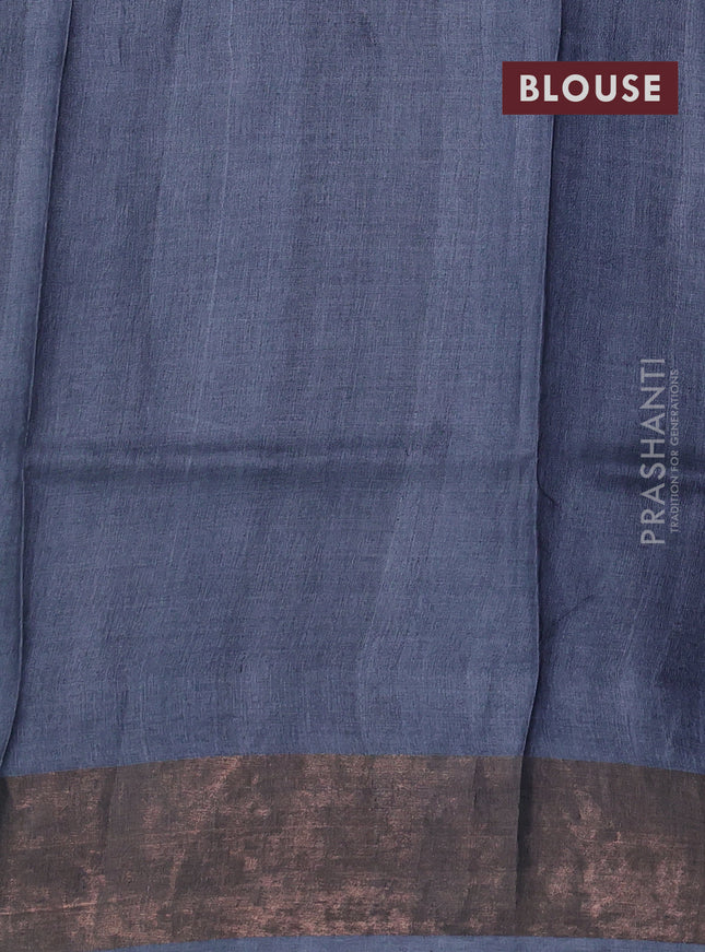 Pure tussar silk saree green and grey with allover prints and zari woven border
