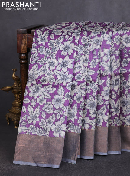 Pure tussar silk saree purple and grey with allover prints and zari woven border