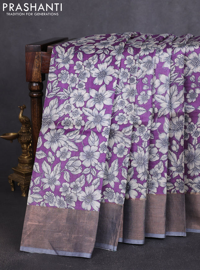 Pure tussar silk saree purple and grey with allover prints and zari woven border
