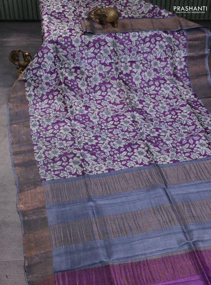 Pure tussar silk saree purple and grey with allover prints and zari woven border