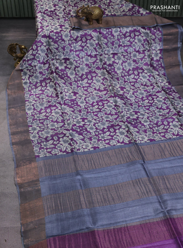 Pure tussar silk saree purple and grey with allover prints and zari woven border