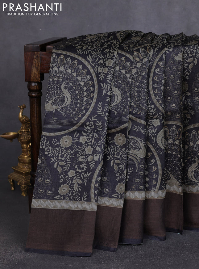 Pure tussar silk saree black with allover prints and zari woven border