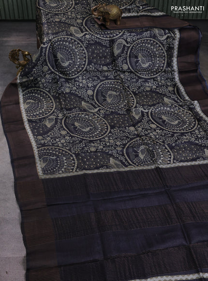 Pure tussar silk saree black with allover prints and zari woven border