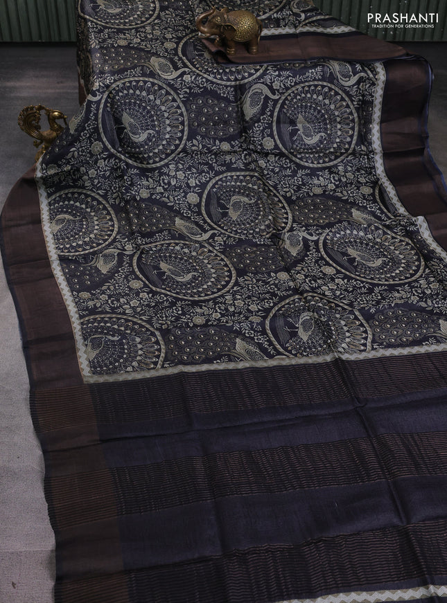 Pure tussar silk saree black with allover prints and zari woven border