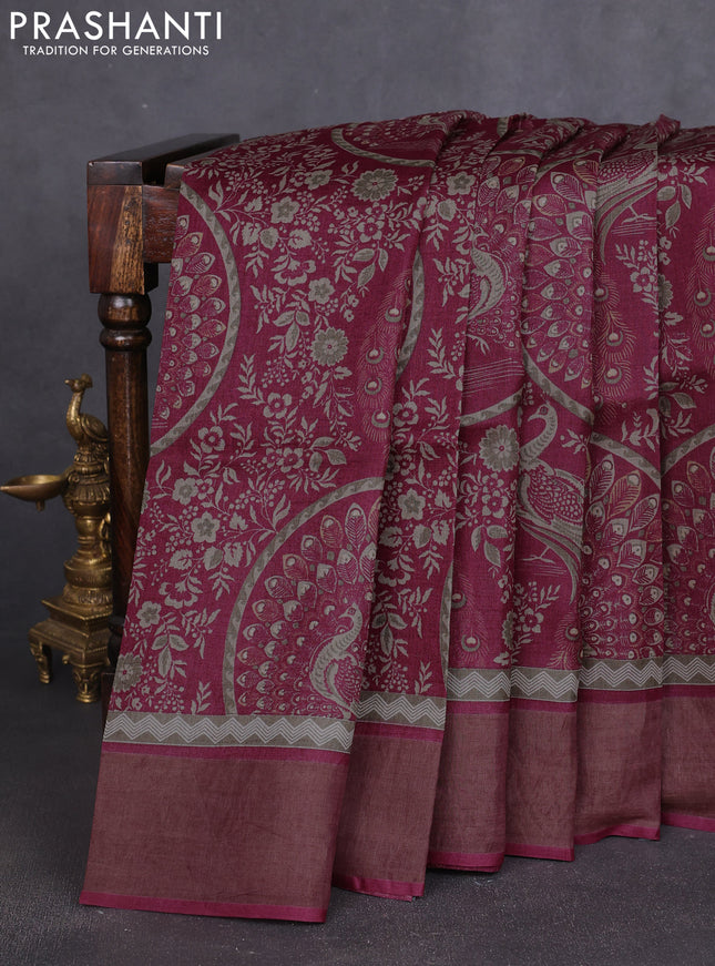 Pure tussar silk saree wine shade with allover prints and zari woven border