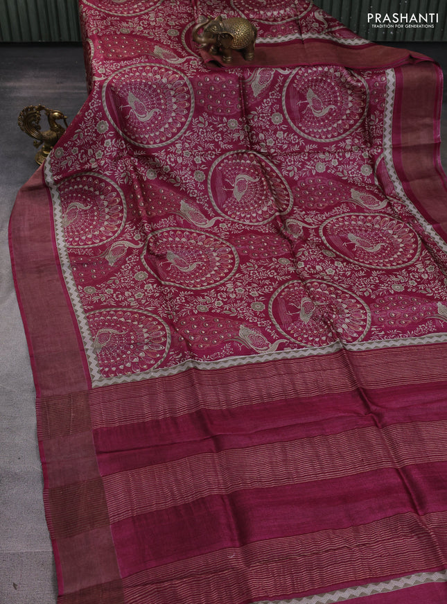 Pure tussar silk saree wine shade with allover prints and zari woven border