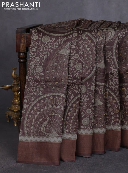 Pure tussar silk saree brown with allover prints and zari woven border